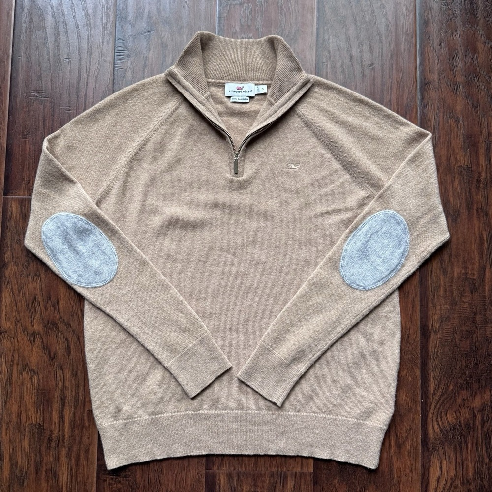 Vineyard Vines Women's Wool Cashmere Sweater Camel Elbow Patches Quarter Zip S